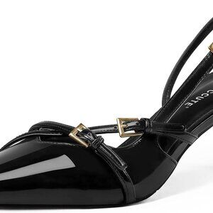 Women Kitten Heels Black Leather 2.36 Inch Pointed Toe Slingback Pumps